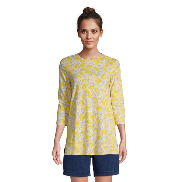 NWT Lands End Slub Jersey Tunic Swing Top Women XL Yellow Lemon Check 3/4 Sleeve - Picture 1 of 10